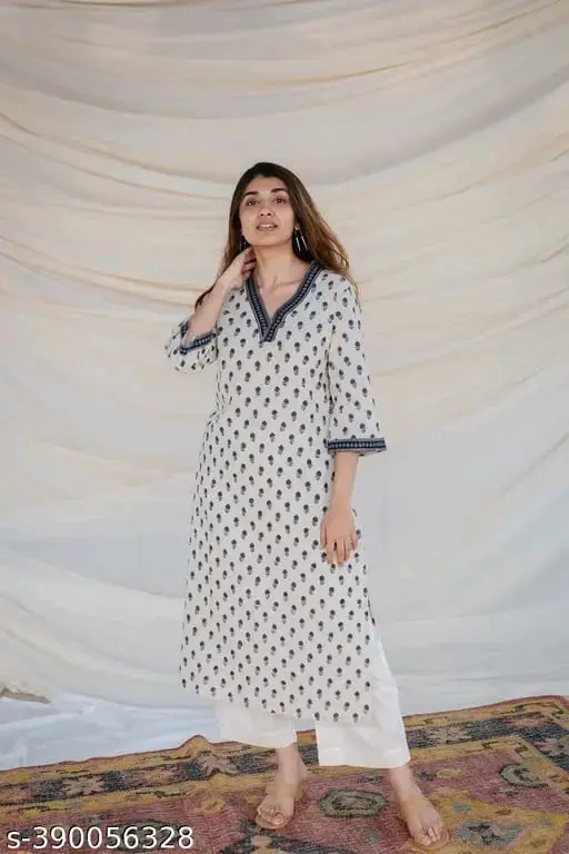 Women Trending Rayon Printed Kurta | V - Neck Straight Kurta For Women | White Kurta For Jeans |Women Kurti For Jeans | Kurta For Women