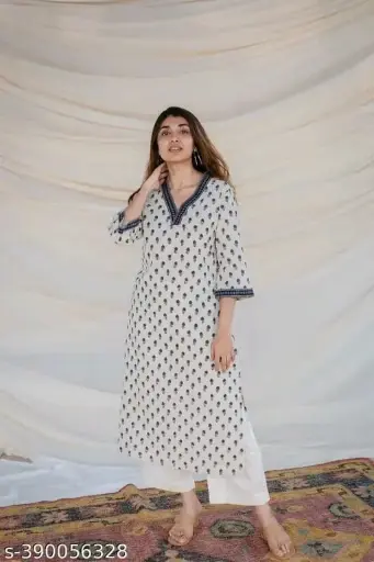 Women Trending Rayon Printed Kurta | V - Neck Straight Kurta For Women | White Kurta For Jeans |Women Kurti For Jeans | Kurta For Women